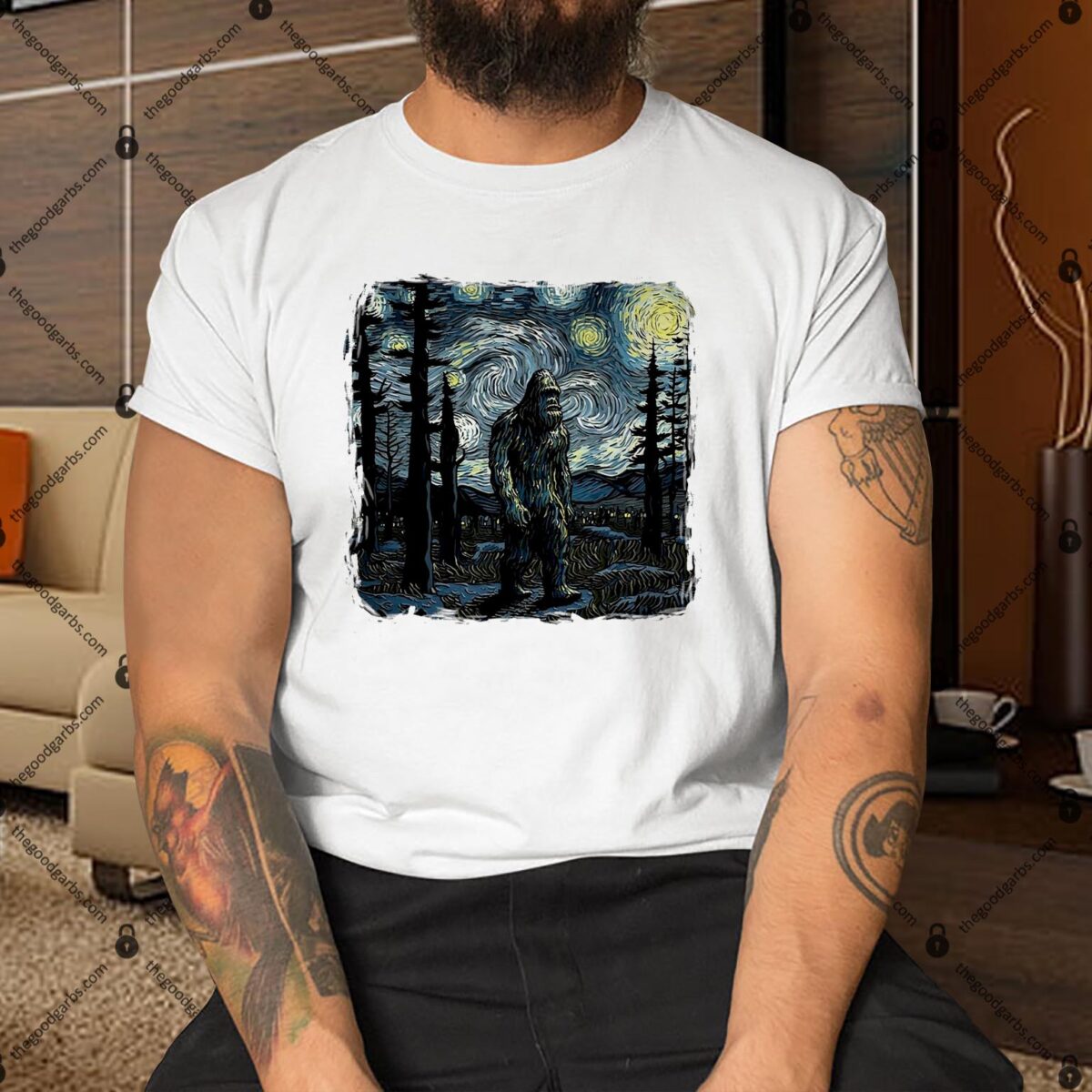 Bigfoot Starry Night Sasquatch Van Gogh Sky Painting Shirt