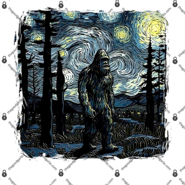 Bigfoot Starry Night Sasquatch Van Gogh Sky Painting T-Shirt