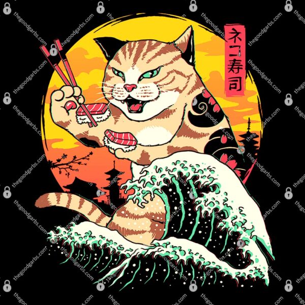 Neko Sushi Wave Japanese Great Wave Kanagawa Kitten Cat T-Shirt