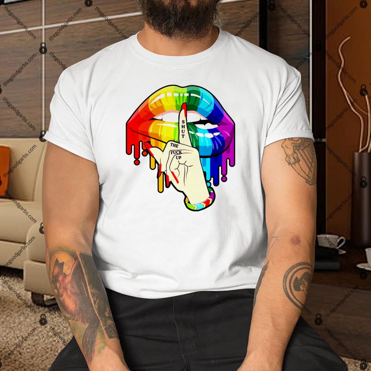 Shut The Fuck Up Dripping Rainbow Gay Pride LGBT Lips Shirt
