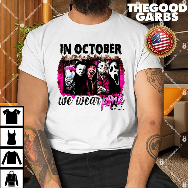 In October We Wear Pink Horror Movie Halloween Breast Cancer T-Shirt