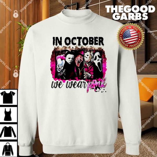 In October We Wear Pink Horror Movie Halloween Breast Cancer T-Shirts